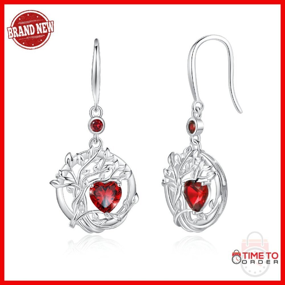 Sterling Silver Tree of Life Drop Earrings with Garnet Birthstone
